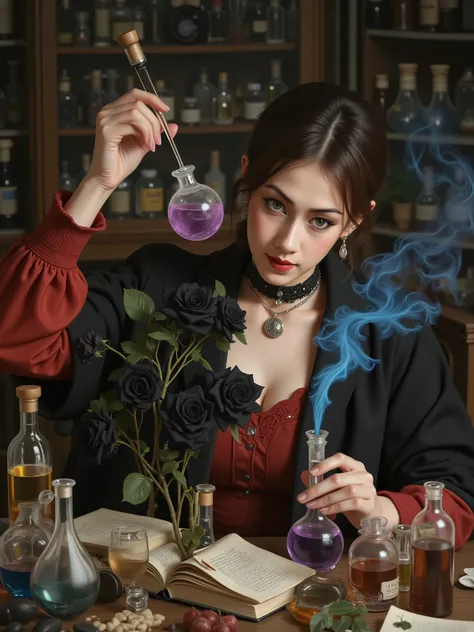 High resolution DSLR photo, realistic live-action style.
Photorealistic. In an antique laboratory bathed in dim, moody lighting, a mysterious young perfumer with an enigmatic aura focuses intently as they blend rare ingredients—black roses, mysterious purp...