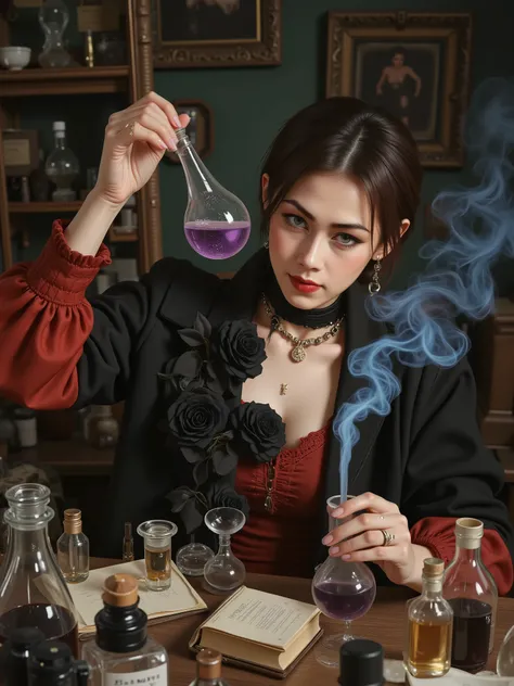 High resolution DSLR photo, realistic live-action style.
Photorealistic. In an antique laboratory bathed in dim, moody lighting, a mysterious young perfumer with an enigmatic aura focuses intently as they blend rare ingredients—black roses, mysterious purp...