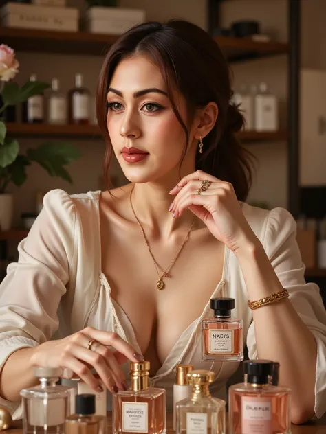 woman presenting perfumes, local, perfume bottles, mixing perfumes, photorealistic, superior quality, 4k, extreme details , perfect hand holding bottle of parfume , auto correct detail fingers , studio lighting, physical representation, Bright colors, boke...