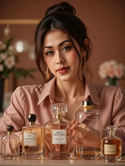 woman presenting perfumes, local, perfume bottles, mixing perfumes, photorealistic, superior quality, 4k, extreme details , perfect hand holding bottle of parfume , auto correct detail fingers , studio lighting, physical representation, Bright colors, boke...