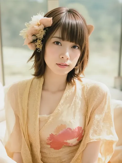 Rae  ,  big breasted with a cross eye,  teeth、Beautiful Indonesian Chinese woman in the nearby Chinese Bamboo Forest wearing a golden floral print with a red dudu printed on it ,  近くのチャイニーズバンブーフォレストにいる美しいインドネシア人中国人女性 .   watches viewers,  wide angle shot .