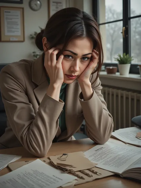 Pretty woman, in farewell to his work, realista, detailed face, sad expression, Downcast posture, office background, papers on the floor, window showing rain, shades of gray, warm lighting, realistic portrait, oil on canvas, ultra detailed, 4k, high contra...