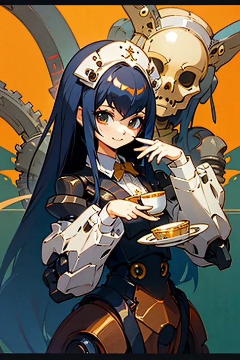 create a detailed image above the photo。steampunkai。robotgirl。one woman。Black Straight Long Hair。Robot imitating maid clothes。Hold a plate with one teapot and two teacups in both hands。see viewers。Smile。The background is a bright and elegant garden。