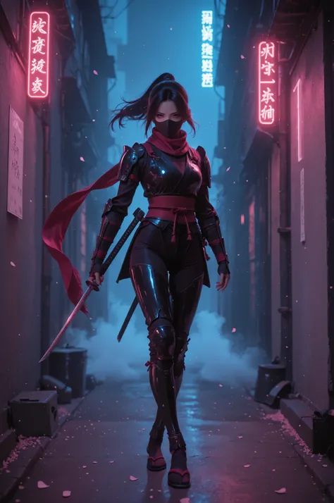 A highly cinematic portrait of a female ninja standing in a dimly lit alley under soft moonlight. She wears a sleek purple-and-red ninja outfit with detailed armor plating, fabric textures, and a flowing scarf caught in the wind. Her eyes are sharp and foc...