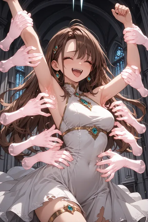 brown hair long hair、fullbody、Perfect the shape of the hand、Five fingers、perfect hands、the girl is laughing、Laughter、closed eyes,I'm so climaxing、Amazing ahegao、goddess、white backless dress、clothes are greatly torn、arched back,girls are sealed with mag...