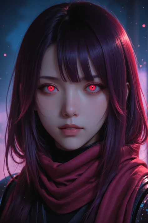 A cinematic close-up portrait of a female ninja facing the viewer directly. No mask. Her expression is sharp, confident, and intense. She wears a detailed purple-and-red ninja outfit with subtle armor textures and a flowing scarf visible behind her. Soft m...