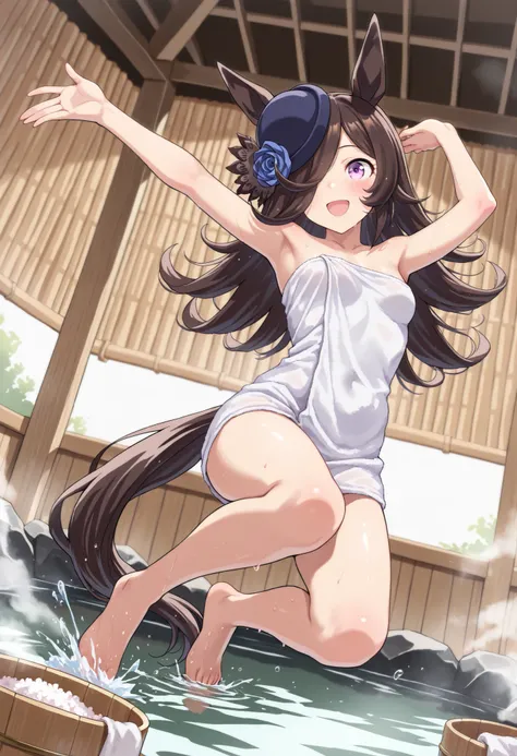 (masterpiece, best quality, perfect face:1.4), wide angle, Rice shower \(umamusume\), brown hair, long hair, purple eyes, bangs, long bangs, long hair, small breasts, hair covering right eye, horse tail, horse ears, ear ornament, (hat), tail on the lower b...