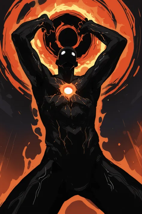 Game monster, sketch, concept art, All black human silhouette with a stellar black hole in the middle of his chest, bright color, black skin, orange and red energy, white eyes, round eyes , glowing eyes, on plain white canvas, rough, thin lines, 2d, conce...