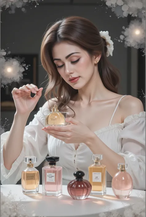 woman presenting perfumes, local, perfume bottles, mixing perfumes, photorealistic, superior quality, 4k, extreme details, studio lighting, physical representation, Bright colors, bokeh, monochrome color scheme, Romantic atmosphere, portrait style, oil pai...