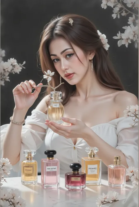 woman presenting perfumes, local, perfume bottles, mixing perfumes, photorealistic, superior quality, 4k, extreme details, studio lighting, physical representation, Bright colors, bokeh, monochrome color scheme, Romantic atmosphere, portrait style, oil pai...