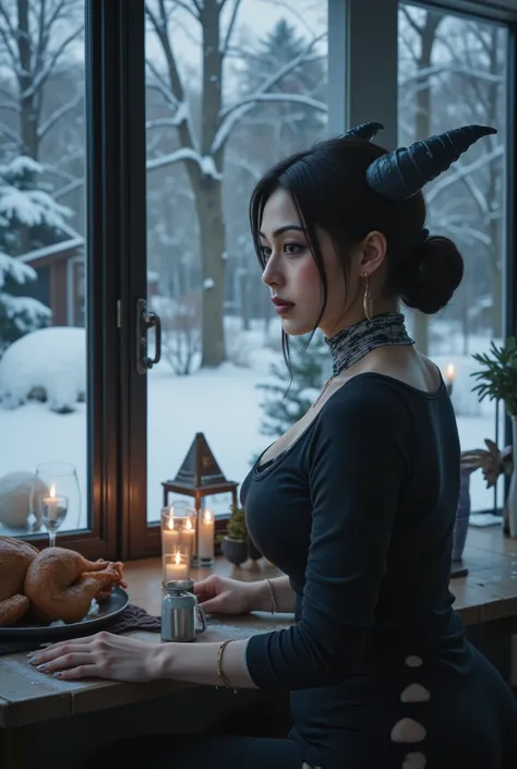 masterpiece, of the highest quality, perfect cinematic, Kedra, dark blue-gray skin , (pigmentation of the shoulder:1.2), fins on her head, dark blue-gray horns, Loose black hair, bright blue eyes , hand bandages, ( Best hands ). (5 dark blue-gray fingers),...