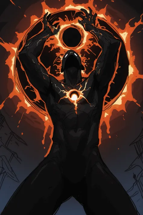 Game monster, sketch, concept art, All black human silhouette with a stellar black hole in the middle of his chest, bright color, black skin, orange and red energy, white eyes, round eyes , glowing eyes, on plain white canvas, rough, thin lines, 2d, conce...