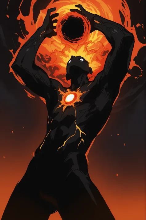 Game monster, sketch, concept art, All black human silhouette with a stellar black hole in the middle of his chest, bright color, black skin, orange and red energy, white eyes, round eyes , glowing eyes, on plain white canvas, rough, thin lines, 2d, conce...