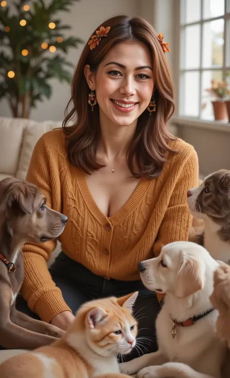 best quality, RAW photo, photography, Thanksgiving Miracle - Gratitude Translator, (detailed eyes:1.2), empathic eyes glowing when translating pet thoughts, (sharp eyes:1.1), autumn-toned wavy hair with leaf-shaped clips, (smooth skin:1.1), (natural comple...