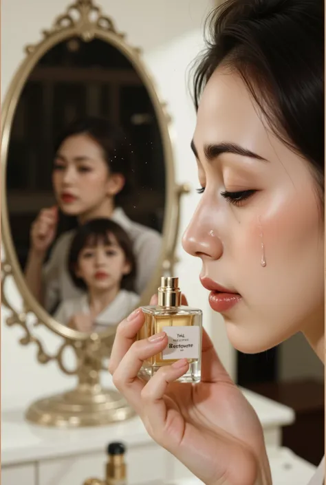 （photorealistic, high detail, RAW photo, intricate details ） f/1.4。the moment she smelled the、the expression of a young female customer。She's Closing Her Eyes、perfume, a single tear flowing。彼女but嗅いだのは、昔なbutらの「White powder（Nice ）and lipstick」The scent of 。 ...