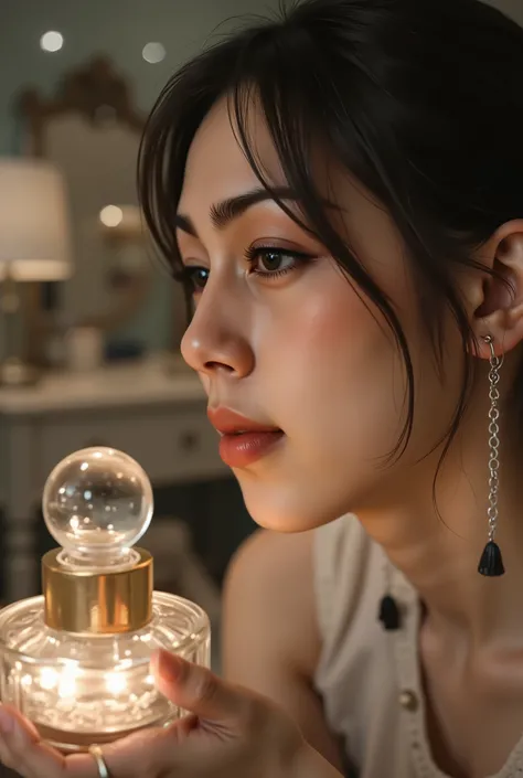 （photorealistic, high detail, RAW photo, intricate details ） f/1.4。the moment she smelled the、the expression of a young female customer。She's Closing Her Eyes、perfume, a single tear flowing。彼女but嗅いだのは、昔なbutらの「White powder（Nice ）and lipstick」The scent of 。 ...