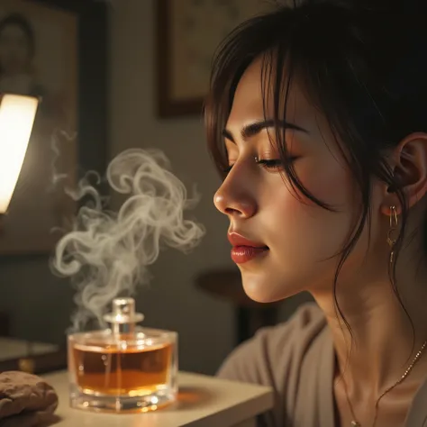 （photorealistic, high detail, RAW photo, intricate details ） f/1.4。the moment she smelled the、the expression of a young female customer。She's Closing Her Eyes、perfume, a single tear flowing。彼女but嗅いだのは、昔なbutらの「White powder（Nice ）and lipstick」The scent of 。 ...