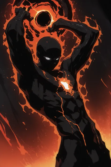 Game monster, sketch, concept art, All black human silhouette with a stellar black hole in the middle of his chest, bright color, black skin, orange and red energy, white eyes, round eyes , glowing eyes, on plain white canvas, rough, thin lines, 2d, conce...