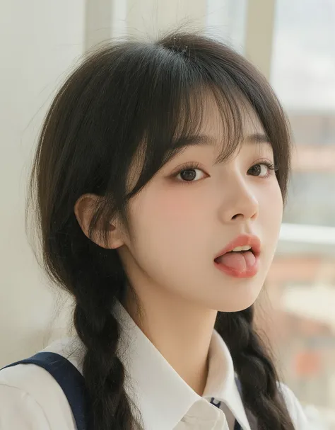 (A super cute Korean high school girl duo sticks out their tongues and makes an ugly face:1.2)(Crying while laughing :1.2)(Big Breasts:1.1)(16k, RAW photos , top quality, masterpiece: 1.2),(Glossy Black Hair Braids ) more details, Super Resolution, (Ge...