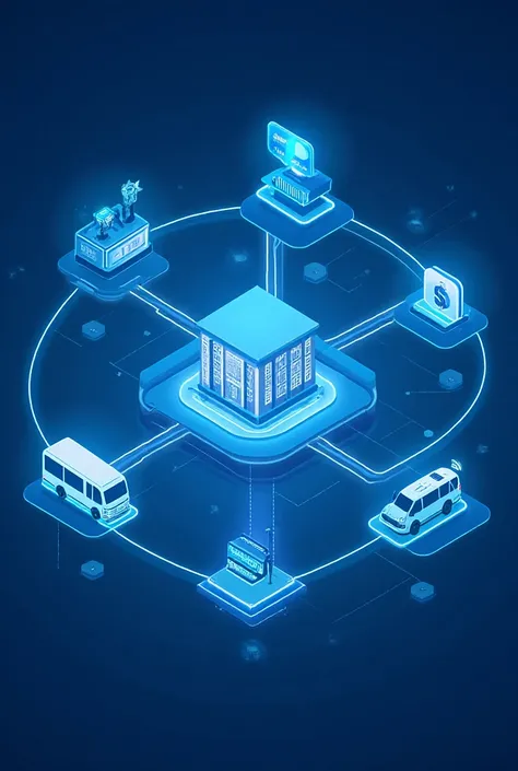 A high-end corporate ecosystem illustration showing a SCHOOL as the central hub, connected through elegant curved neon lines to five distinct entities: a PARENT (user/person icon), a TRANSPORTER (school bus icon), a MICROFINANCE PROVIDER (currency/credit i...