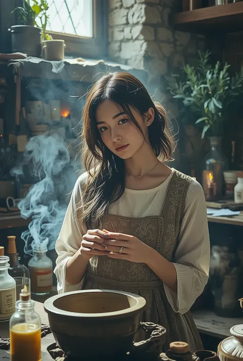 Beautiful blonde perfumer in a medieval stone workshop, sunlight streaming through leaded glass windows illuminating her focused expression. She wears a richly detailed period dress with embroidered sleeves rolled up as she works with mortar and pestle gri...