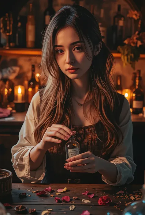 Stunning portrait of a blonde female perfumer in medieval attire, working in her atmospheric apothecary. Golden hair cascades over her shoulders as she carefully measures fragrant oils from ornate glass vials. Warm candlelight illuminates her concentrated ...