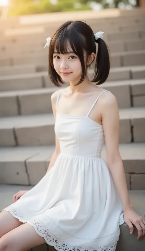 (8k, Best Quality, RAW photo, photo realistic:1.4), very detailed, UHD, (very cute Japanese girl), (very thin), (narrow-shouldered), ((dark twin tail hair)), gentle smile, ((wearing a white spaghetti strap cloth dress with a long lace hem skirt)),
sitting ...