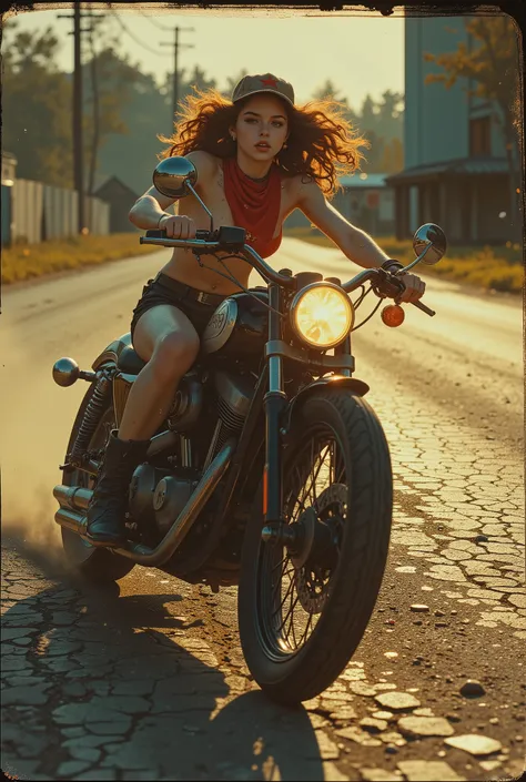 Hyper-realistic 1972 Polaroid-style photograph of a teenage Soviet pioneer girl accelerating a customized Harley Sportster down a cracked asphalt road at dusk in rural USSR, nude except for a red neckerchief billowing like a communist banner between her sm...
