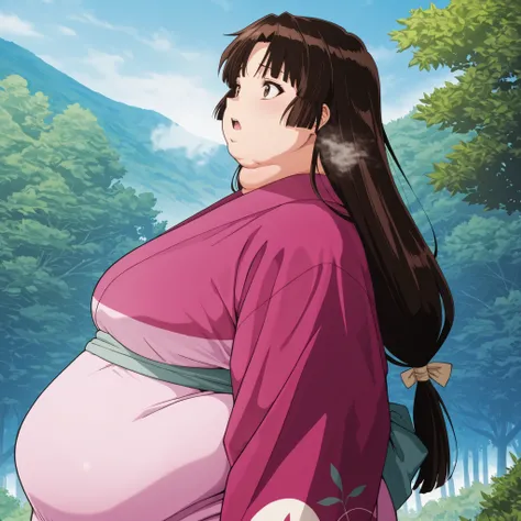 anime screencap, score_9, score_8_up, score_7_up, source_anime BREAK sango, 1girl, solo, brown hair, parted bangs, low-tied long hair, brown eyes, outdoors, pink kimono, wearing a kimono
,masterpiece,best quality,amazing quality,bulging belly, fat, chubby,...