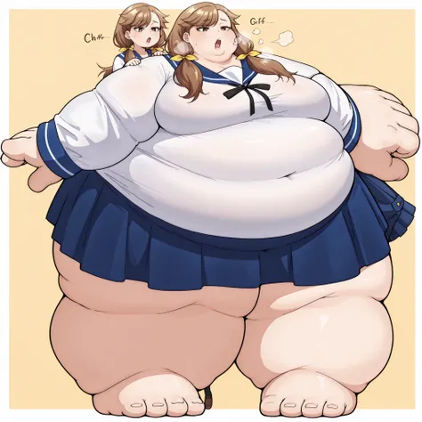 tenjousora brown eyes, long hair, asymmetrical hair, asymmetrical bangs, brown hair, low twintails, hair ribbon white shirt, blue sailor collar, neck ribbon, long sleeves, blue skirt,breasts, fat, chubby, obese, fat neck, multiple chins, big breasts open m...