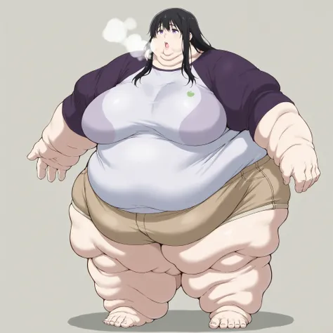 Naoka Ueno (character), Naoka (older appearance), long hair, 1girl, solo, black hair, long hair, shorts, raglan sleeves, purple eyes,breasts, fat, chubby, obese, fat neck, multiple chins, big breasts open mouth, out of breath, Larger female, full body shot...