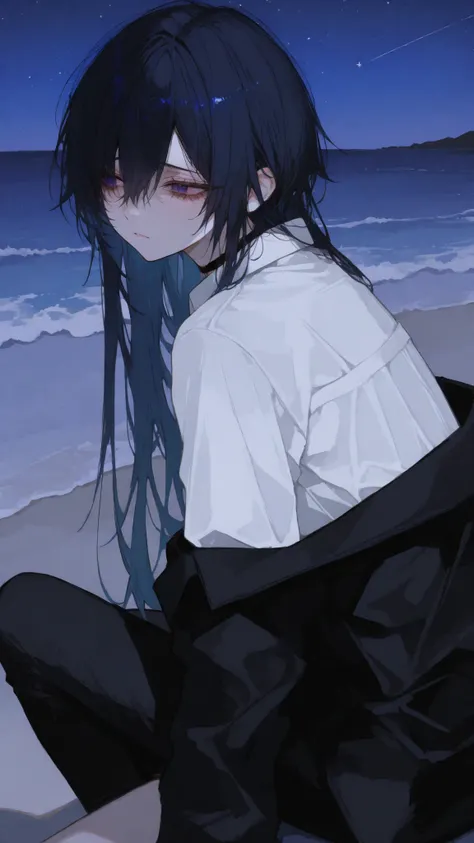 girl,Black-haired,long hair, dark blue eyes, Boyish, Sharp gaze eye,side view,White Office Shirt,Black Jacket,Black pants, Choker, tomboy,hair between eye,beach,side view,sit,sad, stars,long hair,Look Back,surgery