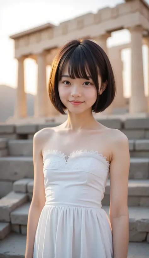 ( 8,000), (Best Quality), RAW photos, (Photo Writing:1.4), Very detailed, very cute Japanese girl,(Very thin), (a very short one, Narrow shoulder girl), ((double ponytail hairstyle)) , gentle smile, ((She was wearing a long white dress)), white lace long ...