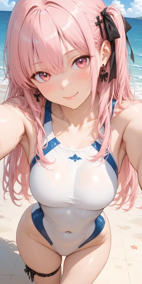 1girl,、beach side、competitive swimsuit made in Arena、Fair skin、younger、High Quality、、real、details、HDR、UHD、、Ultra Precision Painting、sharp focus、Physically Based Rendering、extreme、