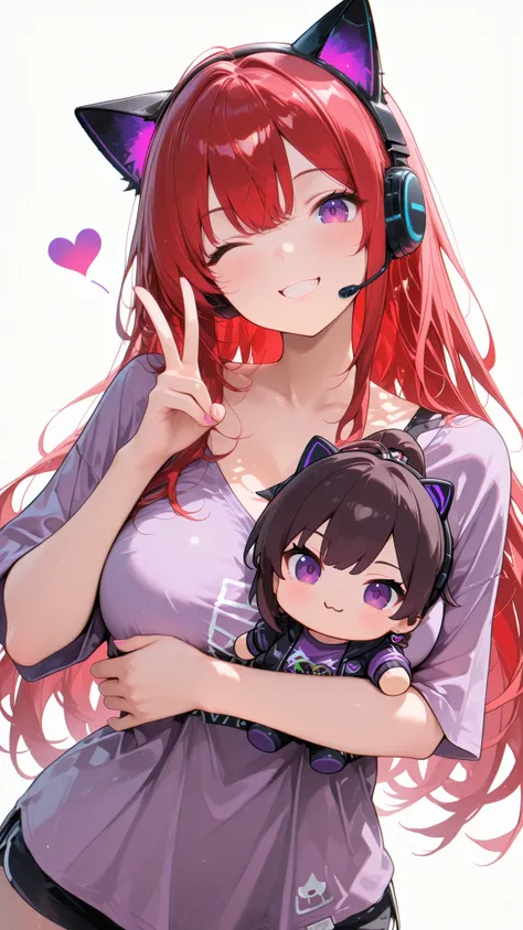 Front angle, (masterpiece, 4K, ultra-detailed, vivid and vibrant colors), {iJessy}: (a beautiful and attractive woman with long red hair falling over her shoulders, purple eyes, wearing a black headset RGB with cat ears and light, wearing a plain purple t-...