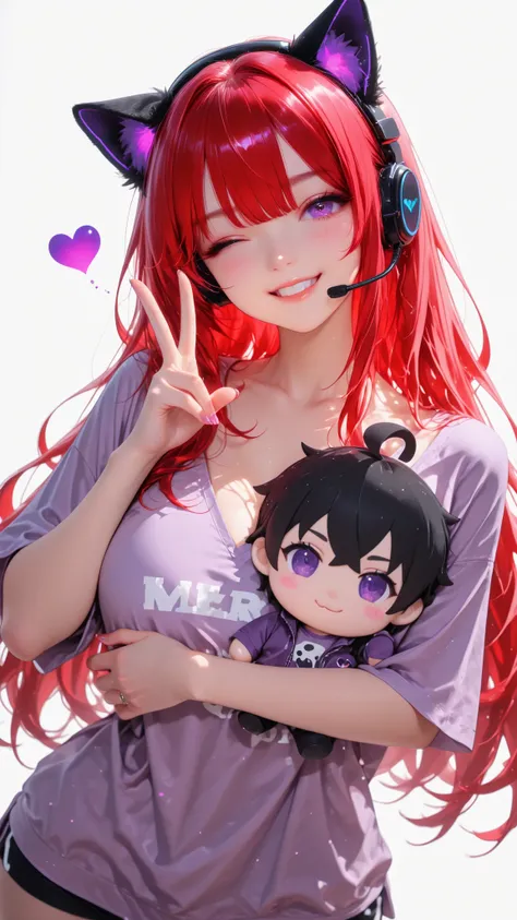 Front angle, (masterpiece, 4K, ultra-detailed, vivid and vibrant colors), {iJessy}: (a beautiful and attractive woman with long red hair falling over her shoulders, purple eyes, wearing a black headset RGB with cat ears and light, wearing a plain purple t-...