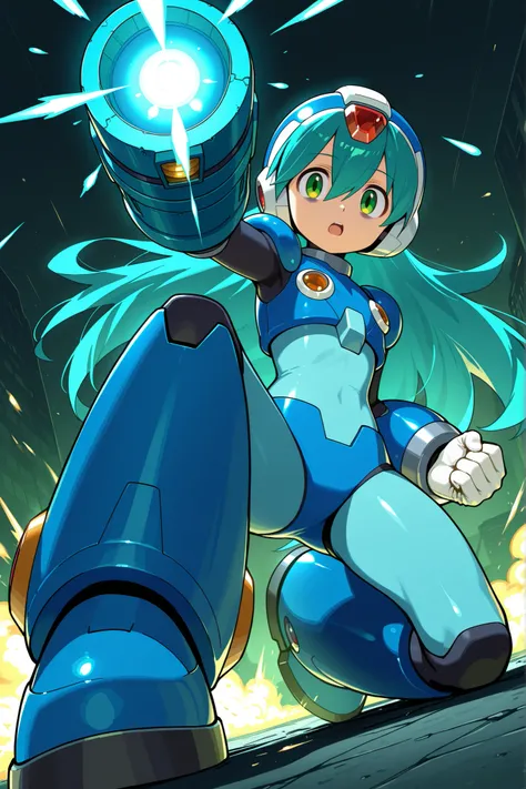 1girl, solo, character focus, close to viewer, full body, from below, dutch angle, dynamic angle, on one knee, A girl wearing Mega Man gear, Mega Man's arm cannon, arm cannon, Rockman (character), blue arm cannon, glowing energy, A character with a large b...