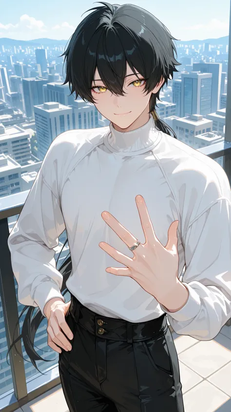 1boy, solo, anime boy, masterpiece, very aesthetic, (black hair), bangs, hair between eyes, long hair, low ponytail, ring hair extensions,, golden eyes, long eyelashes, looking at viewer, small smile, long sleeve, (white turtleneck), (black trousers), clos...