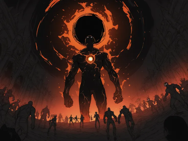Game monster, sketch, concept art, A group of 5 people looking up at a giant black human silhouette with a black hole in the middle of his chest, bright color, black skin, orange and red energy, white eyes, round eyes , glowing eyes, rough, thin lines, 2...