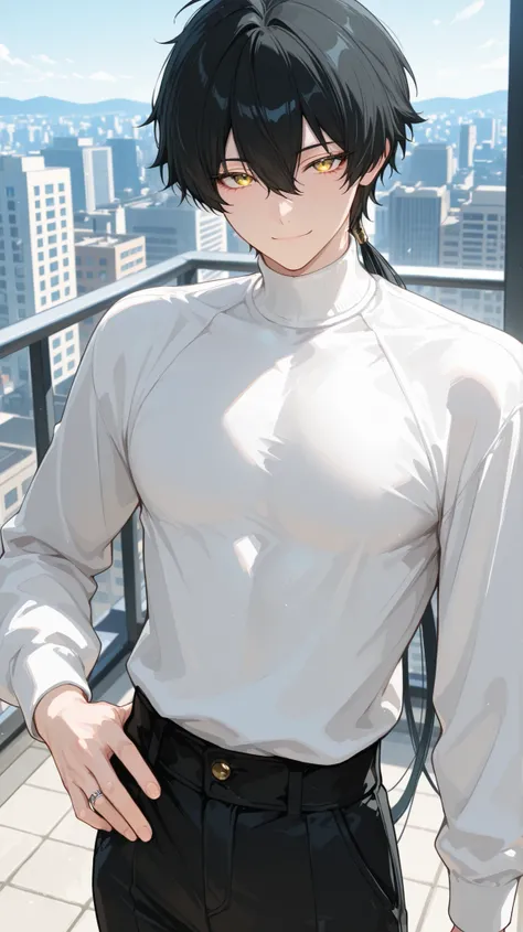 1boy, solo, anime boy, masterpiece, very aesthetic, (black hair), bangs, hair between eyes, long hair, low ponytail, ring hair extensions,, golden eyes, long eyelashes, looking at viewer, small smile, long sleeve, (white turtleneck), (black trousers), clos...