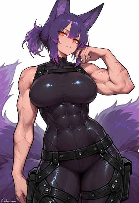 gorgeous kitsune girl, beautiful face, kitsune, purple color hair, hunter girl, orange eyes, slit pupils, detailed eyes, personalami style, volputrous body, covered breasts, curvy and athletic, kitsune ears, hair tied in a ponytail, lean muscles, black bod...