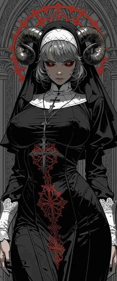 solo, red eyes, black sclera, big breasts, erect nipples, nun, nun outfit, (sheep horns:1.4), dynamic pose, cowboy shot, intricate embroidery, intricate lacework, intricate details, flat colors:1.3, sketch:1.4, ((stylized in black and red and gray))