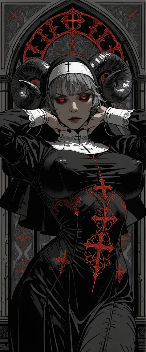 solo, red eyes, black sclera, big breasts, erect nipples, nun, nun outfit, (sheep horns:1.4), dynamic pose, cowboy shot, intricate embroidery, intricate lacework, intricate details, flat colors:1.3, sketch:1.4, ((stylized in black and red and gray)), gothi...