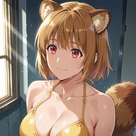 Kikyou Kushida brown hair and red eyes, raccoon ears the same color as her hair and fluffy animal tail. slender figure and medium to large breasts. she wears a yellow bikini with pink details. walks confidently along a paradisiacal beach with crystal clea...