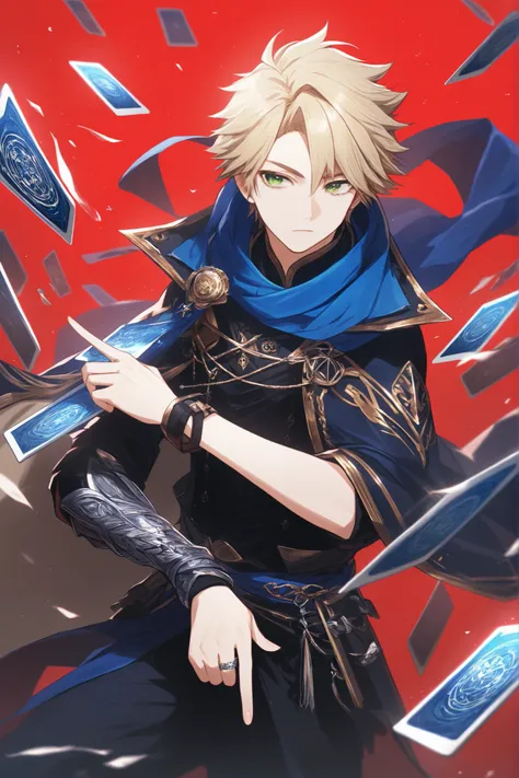 Jadenyuki, 1 boy, tall, handsome, with fair skin and green eyes, short, well-groomed blond hair, royal blue clothes with a red background, wearing a cape that looks like a huge navy blue scarf, having a wedding ring on his finger and a family crest resembl...
