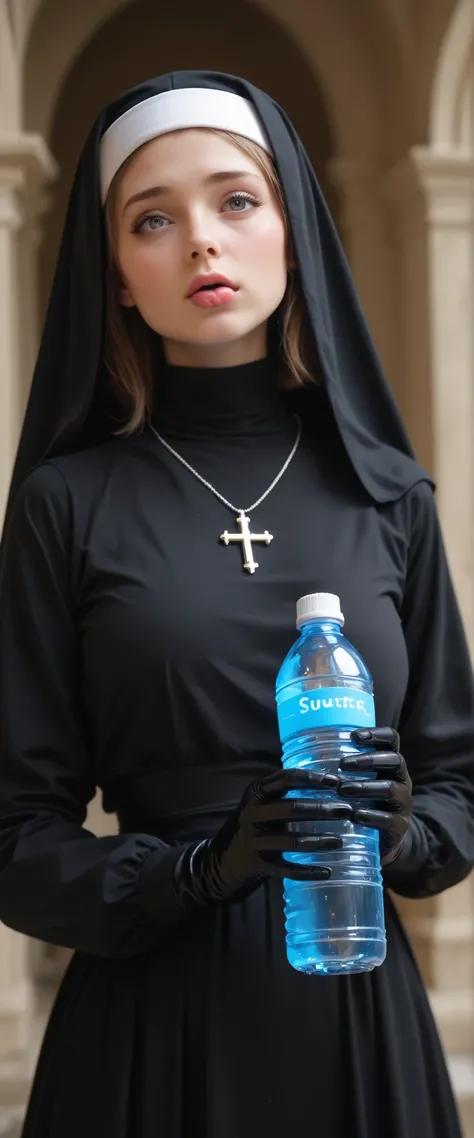 A girl in a black nun's outfit is holding a black latex water bottle. She's nervous and shy, show off licking side of bottle,
<KY_0002, glowing,