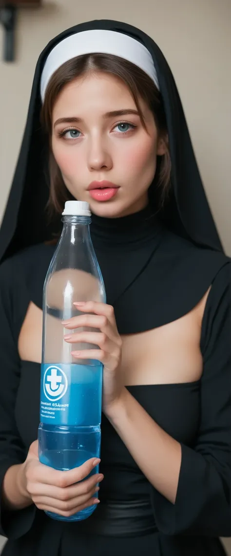 A girl in a black nun's outfit is holding a pink latex water bottle. She's nervous and shy, show off licking side of bottle, ((lips to bottle)),
<KY_0002, glowing,
