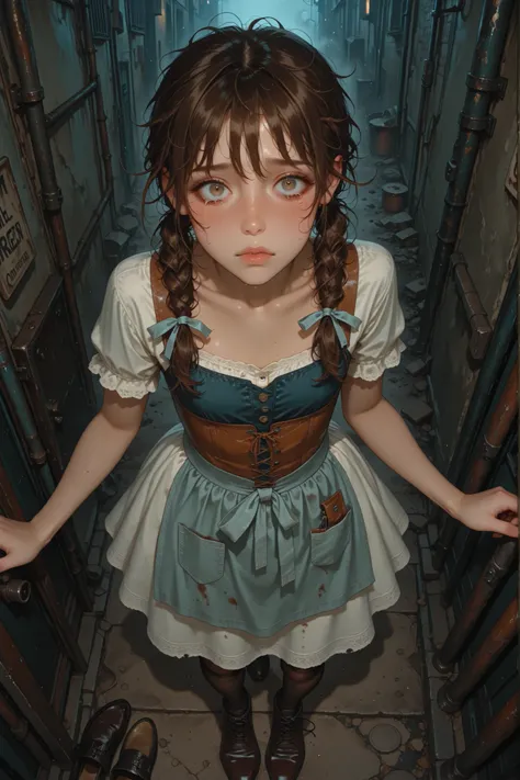 ,young teen, teen, pigtails, young, small chest, brown hair, rosy lips, blush, dark alley, victorian alley, fog, Simple cotton dress, faded blue fabric, loose fit, square neckline, short sleeves, frayed hem, patched bodice, worn pinafore apron, leather s...