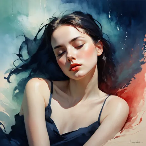 abstractzyrnox, abstract, abstract art, Create a portrait of a young woman in a semi-reclining pose with a pensive, mysterious expression. Soft horizontal light falls across her face and eyes, highlighting a dreamy, ethereal gaze. One hand gently frames he...