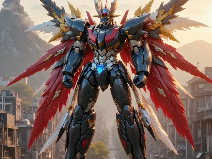 full figure. fluxmecha,Celestial Fantasy,mazinger,masterpiece, ultra detailed 8k UHD, hyper realistic, Mazinger Z Ultimate Form, 100-meter-tall super robot, gleaming chrome and carbon fiber armor, vibrant metallic red cape billowing dramatically, advanced ...